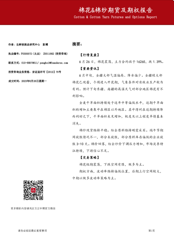 棉花&棉纱期货及期权报告