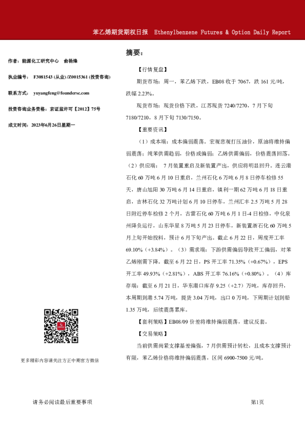 苯乙烯期货期权日报