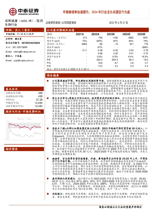 早筛渗透率加速提升，2024年行业龙头有望扭亏为盈