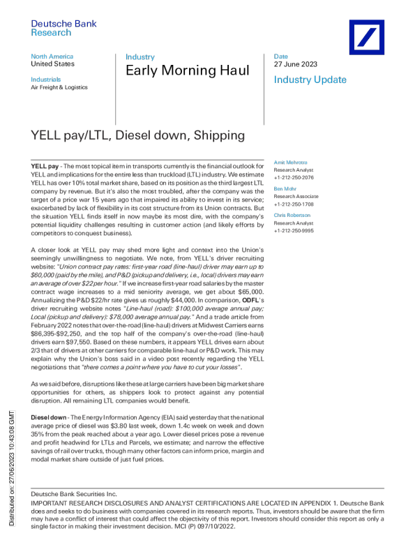 清晨运输 ： YELL 支付 / LTL ， 柴油下降 ， 运输
