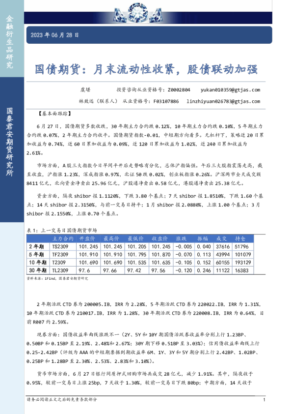 国债期货：月末流动性收紧，股债联动加强