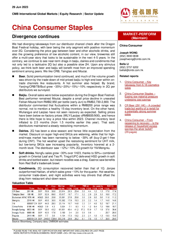 中国消费必需品 ： 分歧仍在继续
