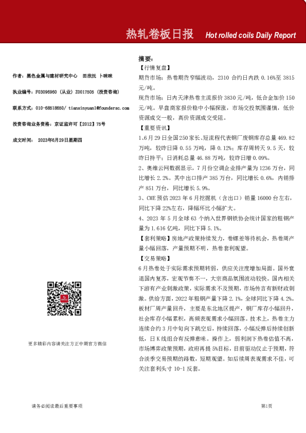 热轧卷板日报