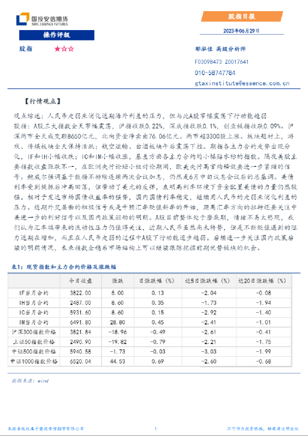 国投安信期货股指日报