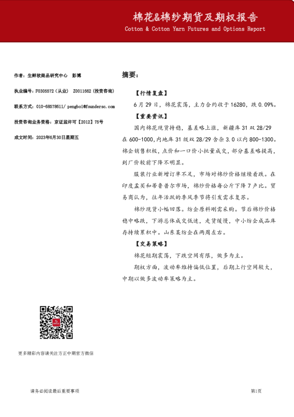棉花&棉纱期货及期权报告