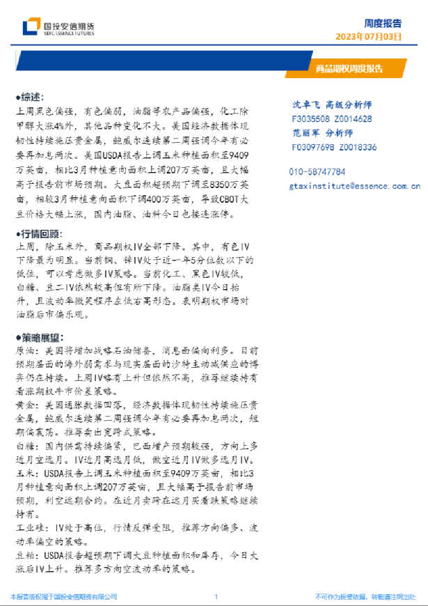 商品期权周度报告