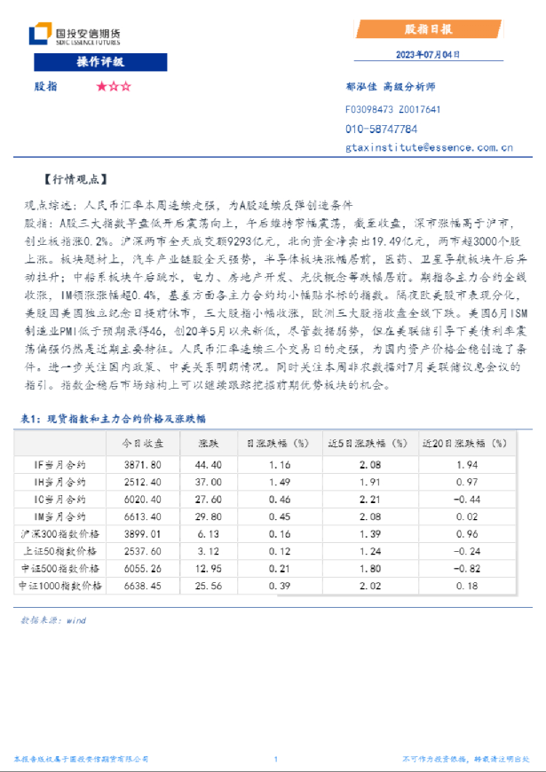 国投安信期货股指日报