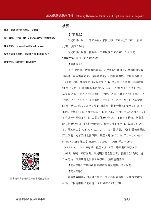 苯乙烯期货期权日报