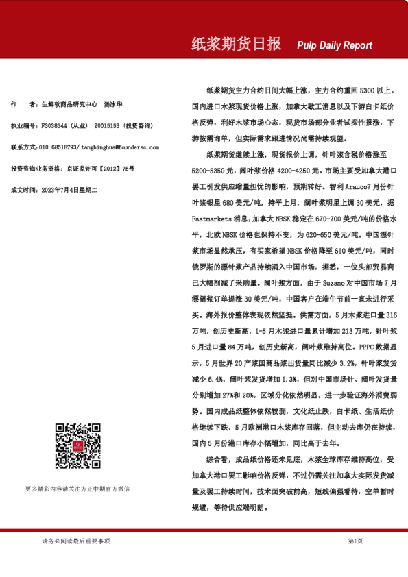 纸浆期货日报