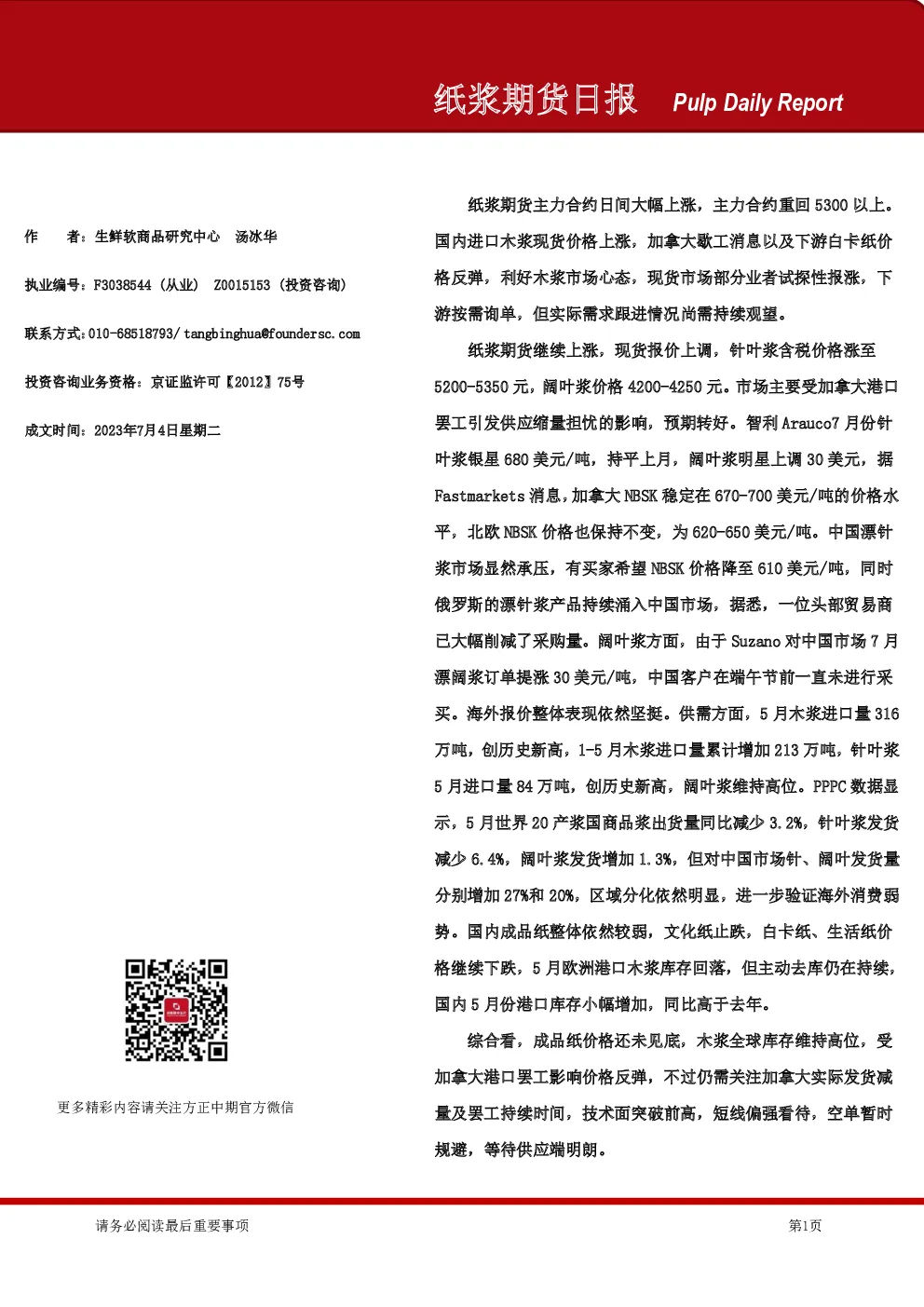 纸浆期货日报