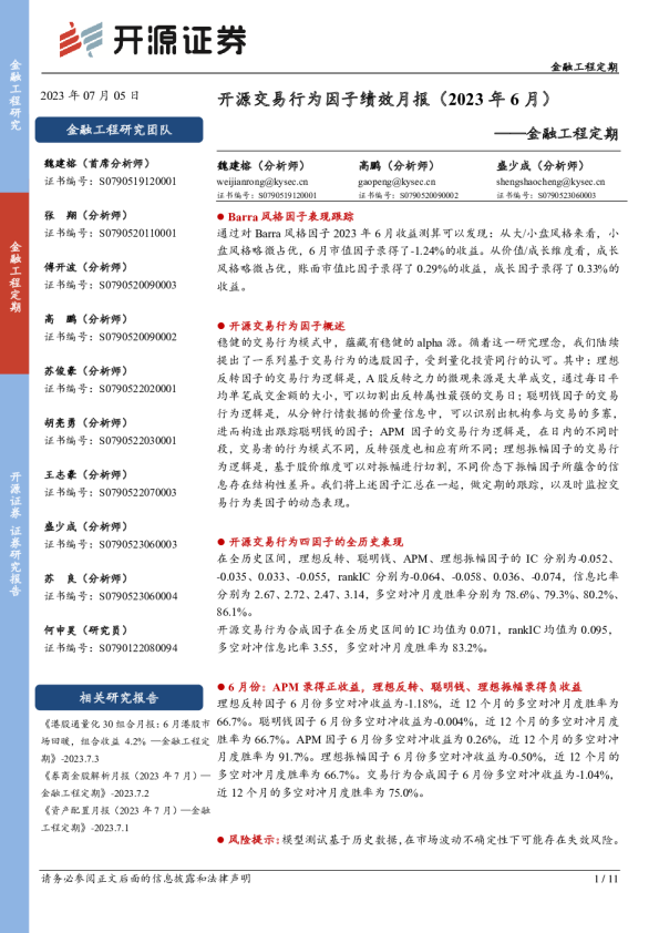 金融工程定期：开源交易行为因子绩效月报（2023年6月）