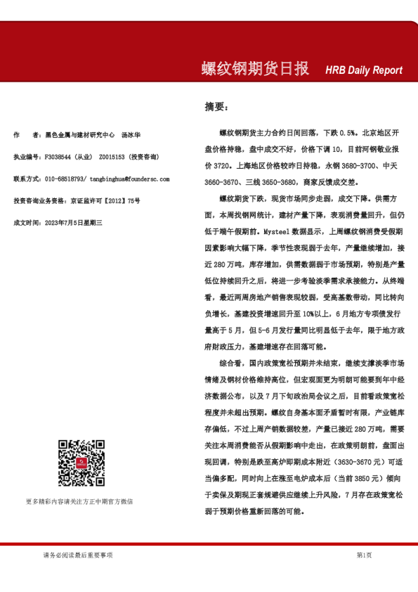 螺纹钢期货日报