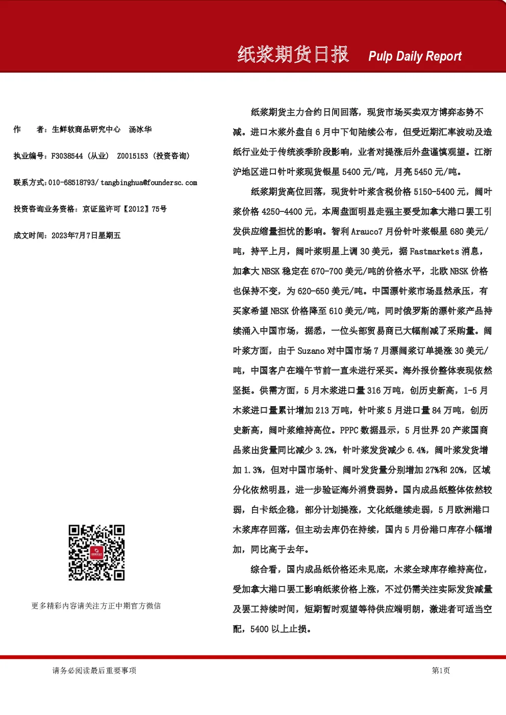 纸浆期货日报