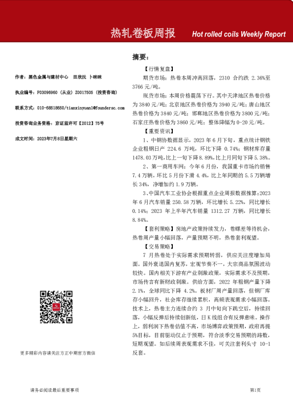 热轧卷板周报
