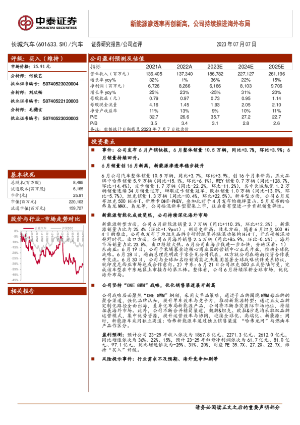 新能源渗透率再创新高，公司持续推进海外布局