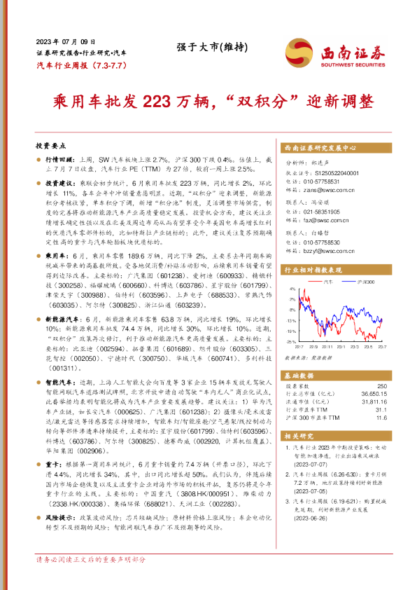乘用车批发223万辆，“双积分”迎新调整