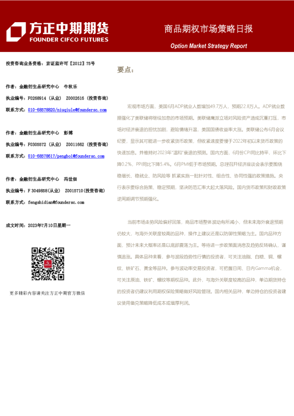 商品期权市场策略日报