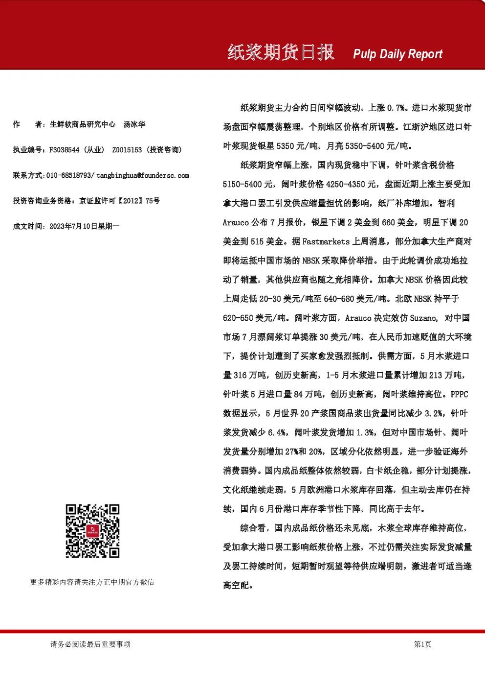 纸浆期货日报