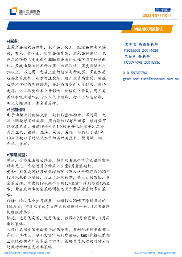 商品期权周度报告