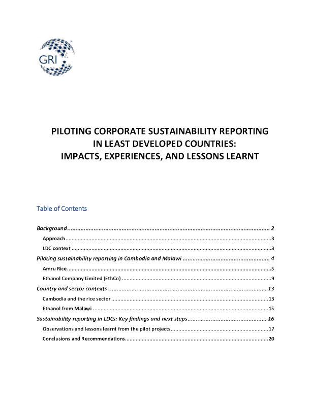 在最不发达国家试行公司可持续发展报告 ： 影响、经验和教训 ： GRI 报告 (2020)