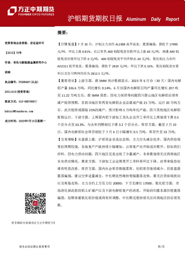 方正中期期货-沪铝期货期权日报