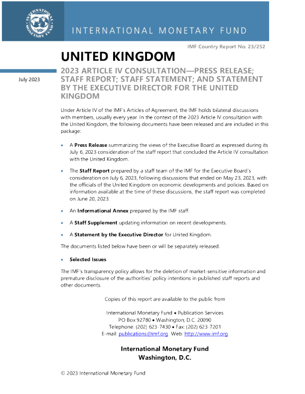 联合王国: 2023 年第四条磋商新闻稿 ； 工作人员报告 ； 和联合王国执行主任的声明