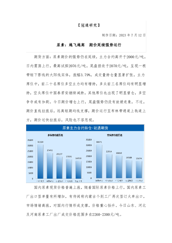 尿素：越飞越高 期价延续强势运行