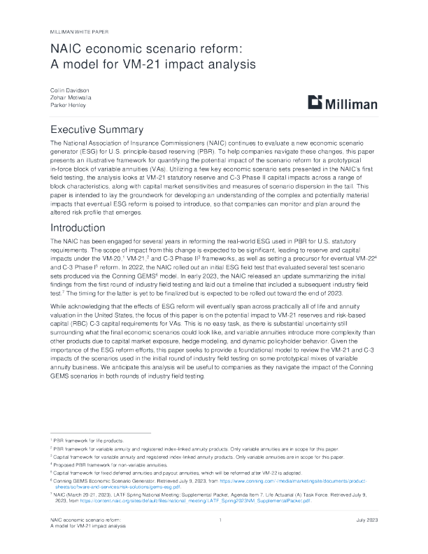 NAIC经济情景改革：VM-21影响分析模型