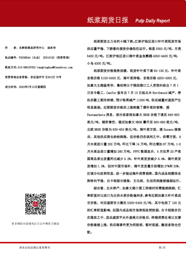 纸浆期货日报