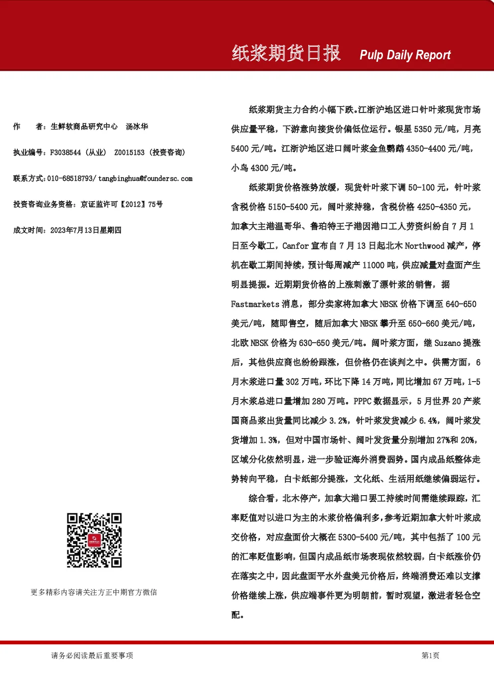 纸浆期货日报