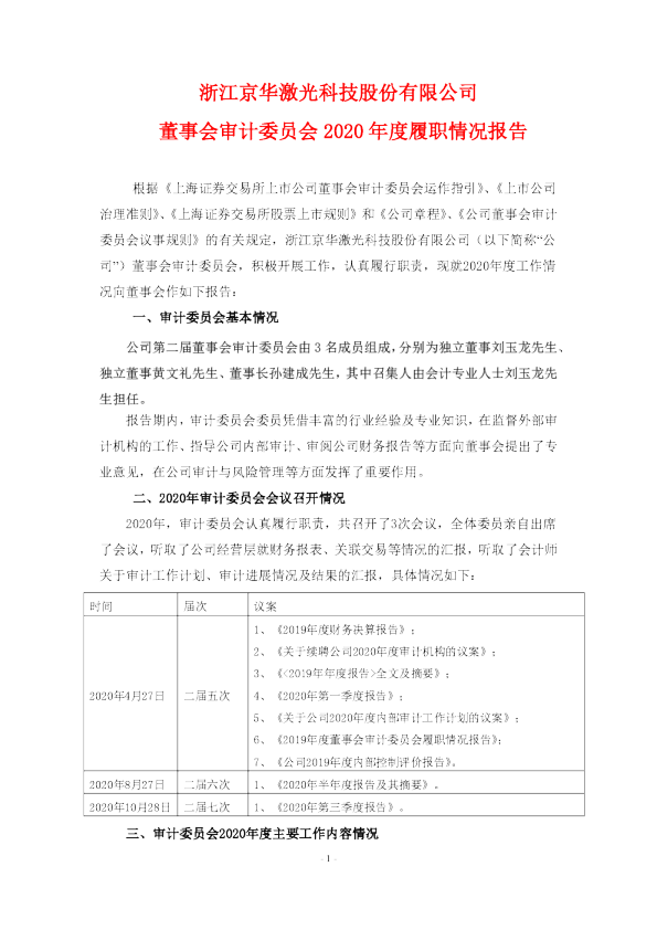 京华激光董事会审计委员会2020年度履职情况报告