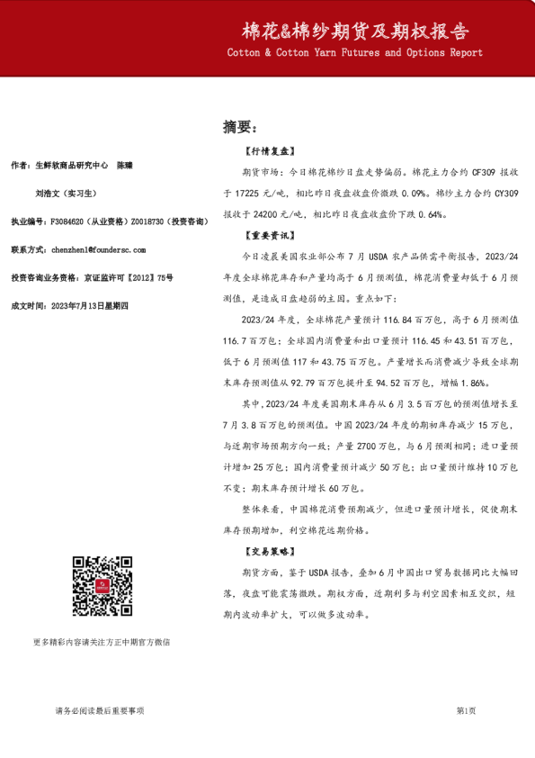 棉花、棉纱期货及期权报告