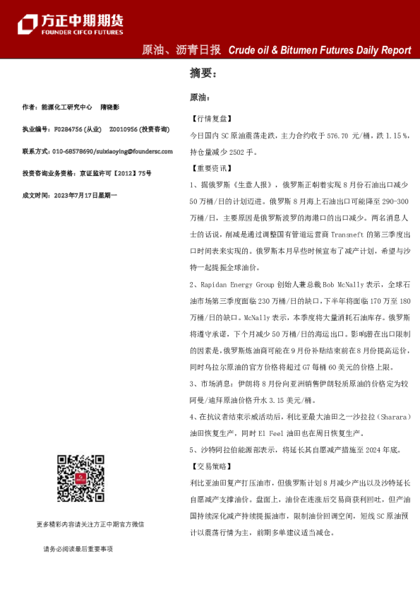 原油、沥青日报