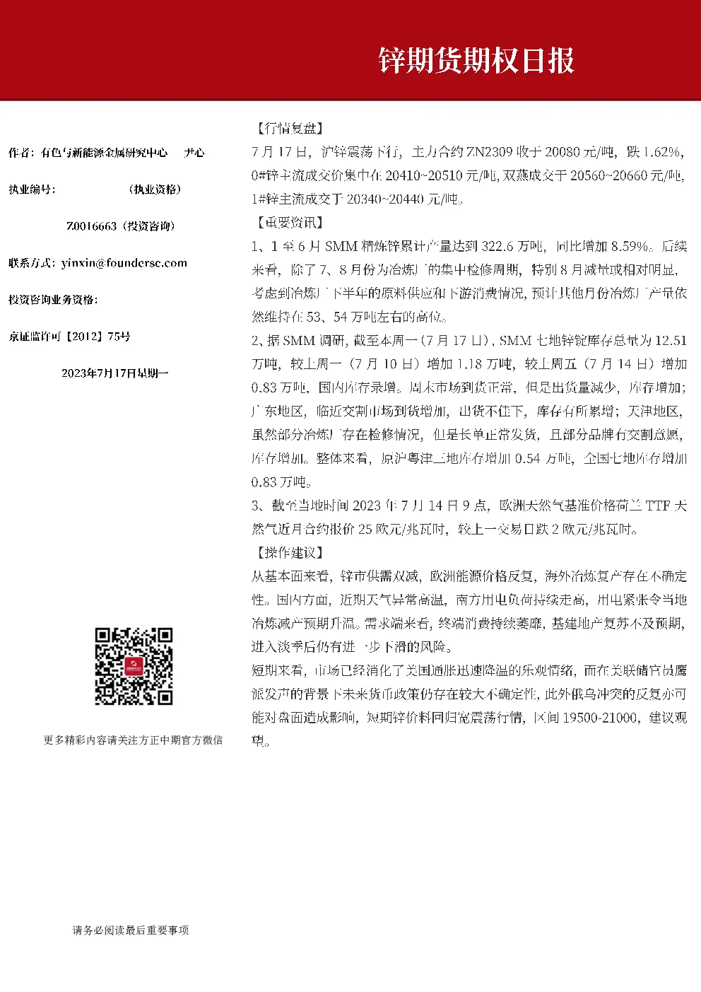锌期货期权日报