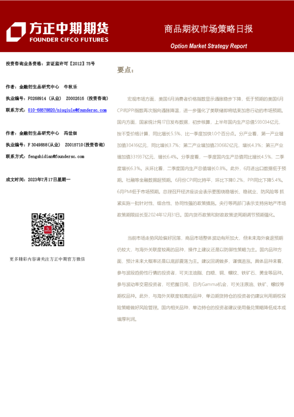 商品期权市场策略日报