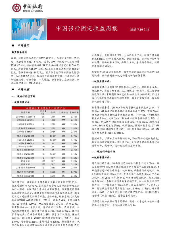 固定收益周报2023年7月17日