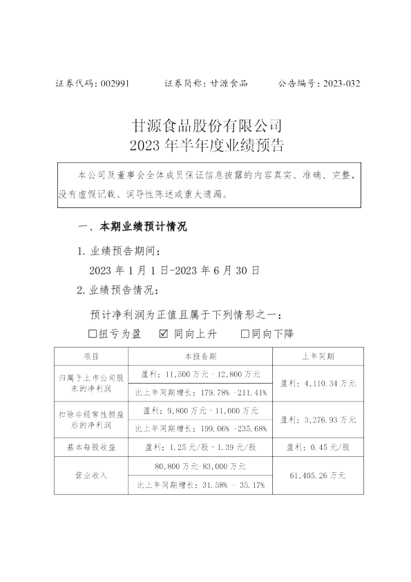 2023年半年度业绩预告