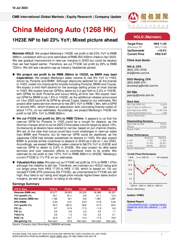 - 1H23E NP 同比下降 23% ； 混合前景