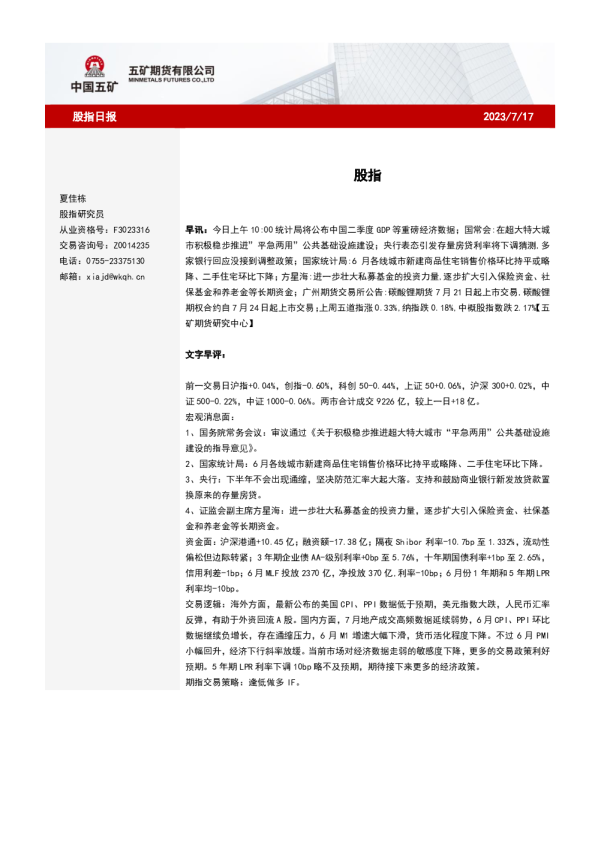 五矿期货股指日报