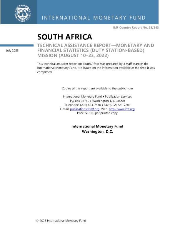 南非 ： 技术援助报告 - 货币和金融统计 （ 基于工作地点 ） 任务 （ 2022 年 8 月 10 日至 23 日 ） ； 国际货币基金组织第 23 / 263 号国家报告