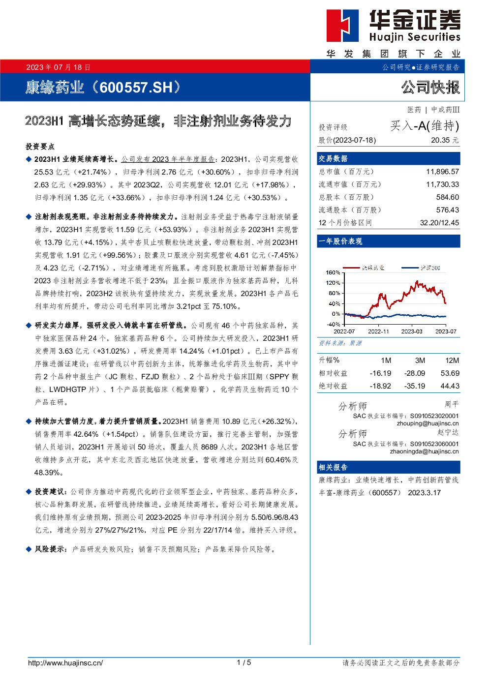 康缘药业,600557 2023-07-18 周平、赵宁达 华金证券 李***