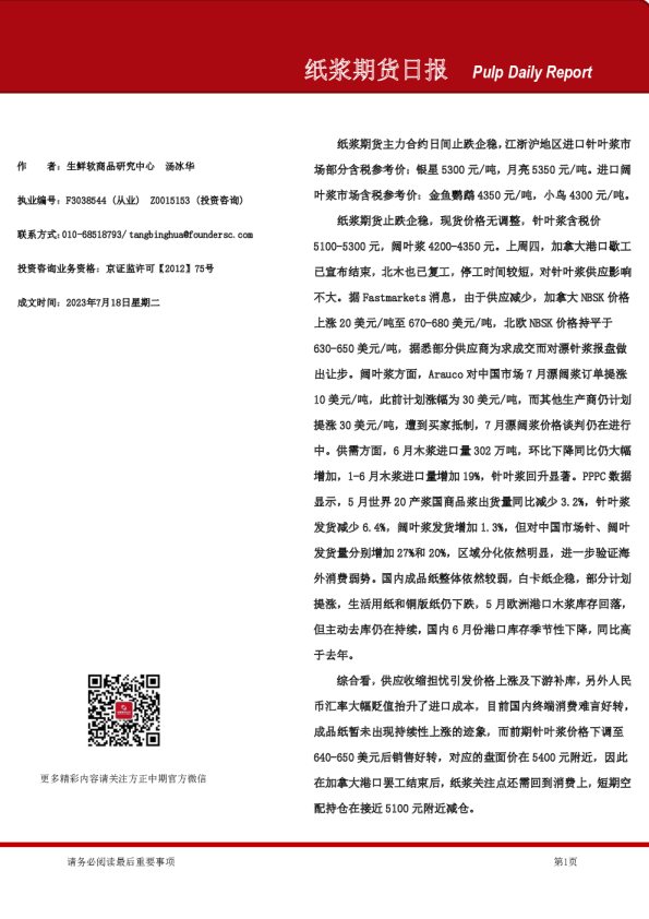 纸浆期货日报