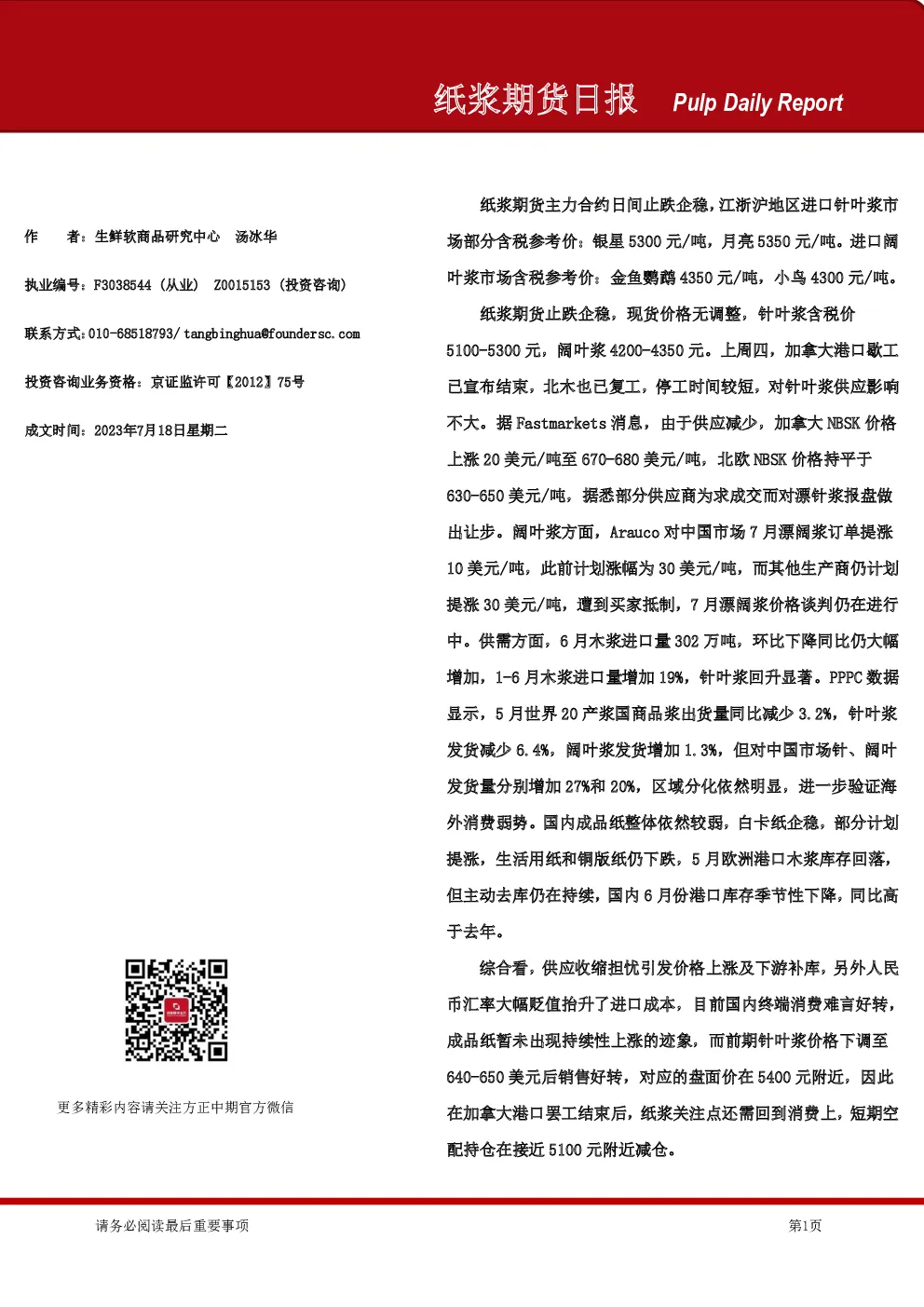 纸浆期货日报