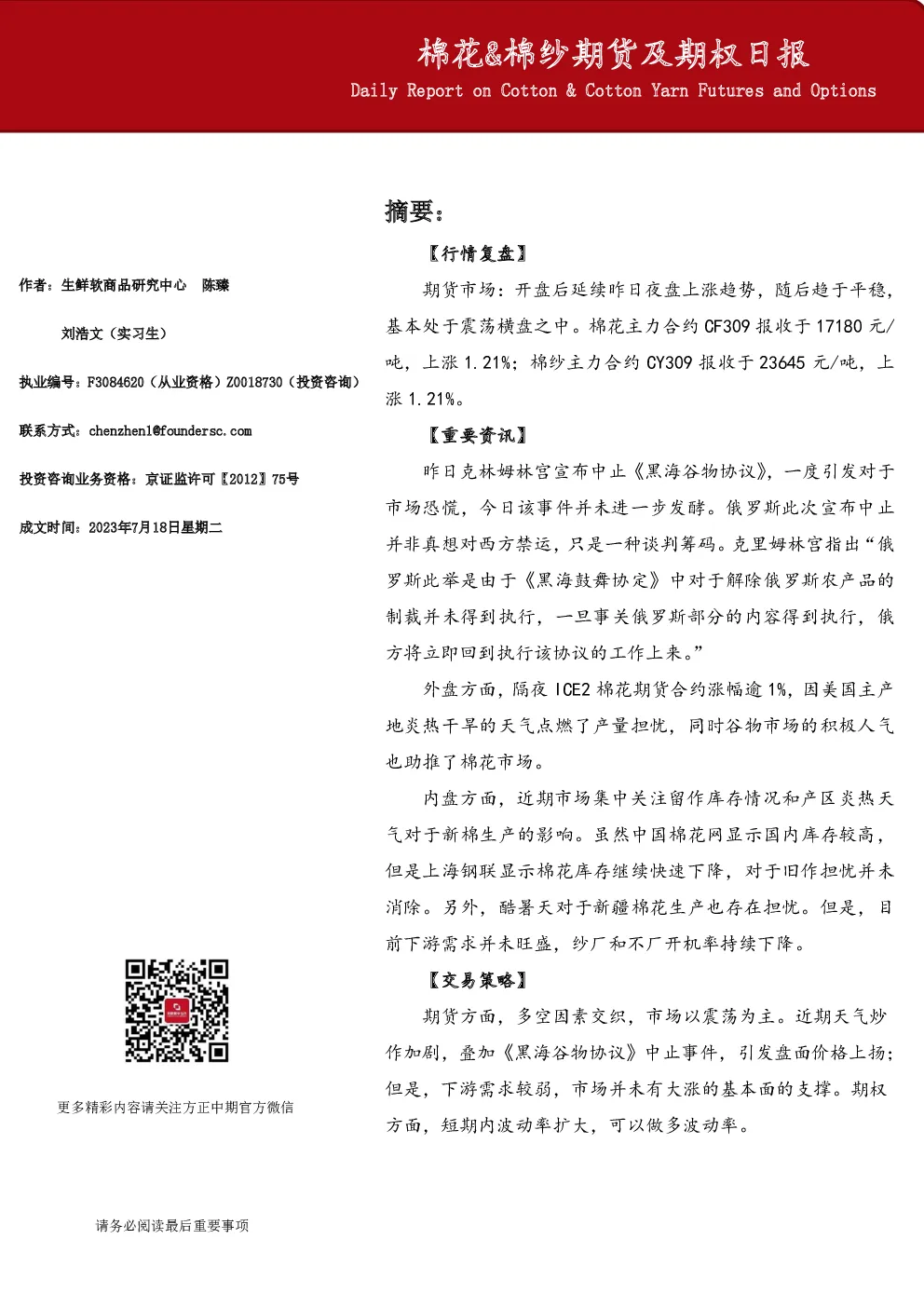 棉花、棉纱期货及期权日报