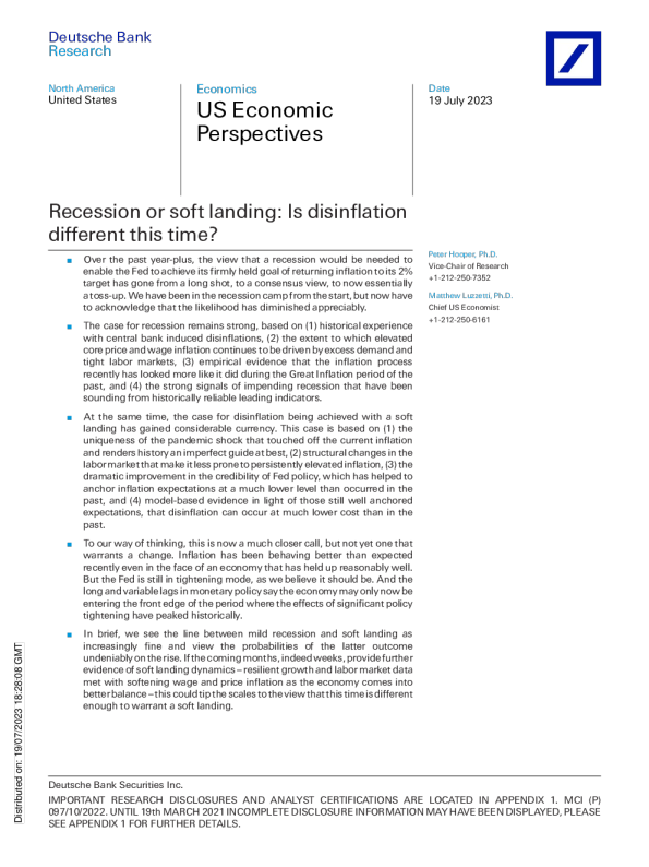 美国经济观点 ： 衰退还是软着陆 ： 这次通货膨胀不同吗 ？