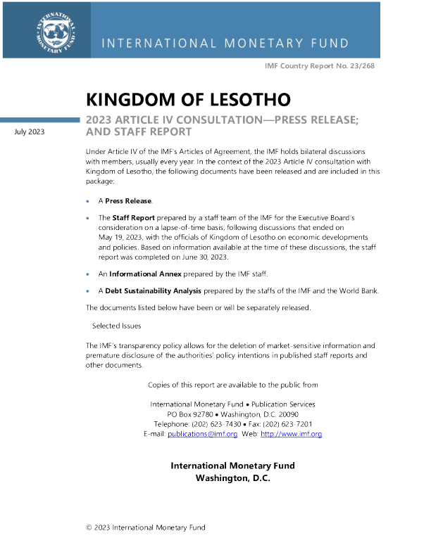 莱索托王国 ： 2023 年第四条磋商 - 新闻稿 ； 和工作人员报告