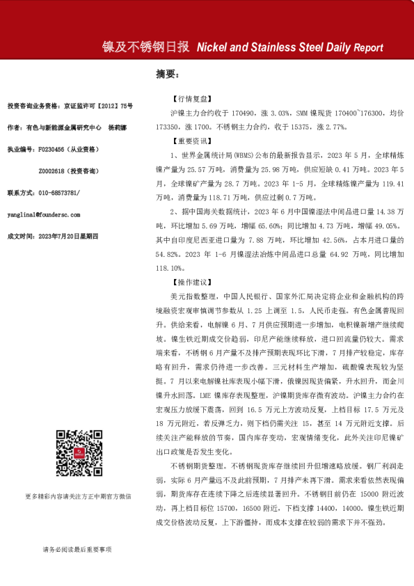 镍及不锈钢日报