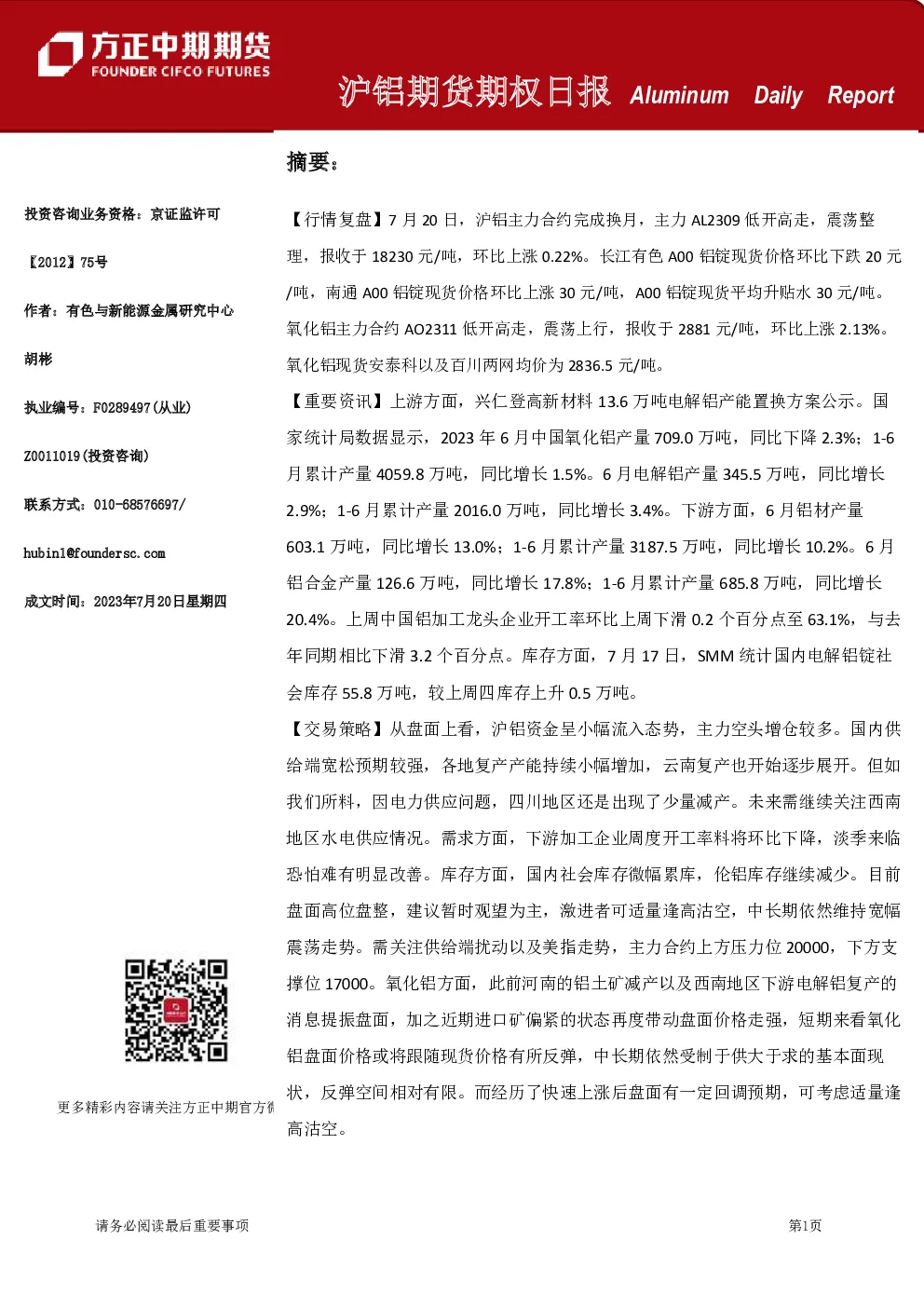 沪铝期货期权日报