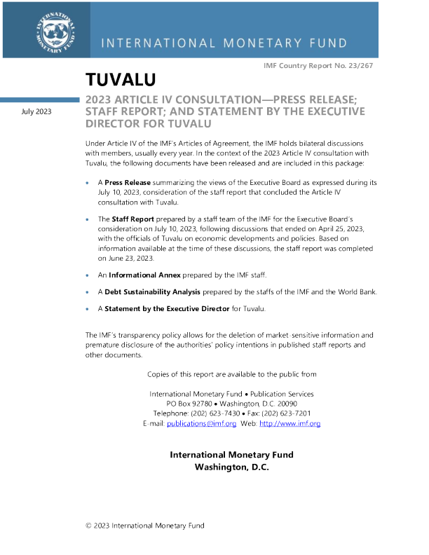 图瓦卢 ： 2023 年第四条磋商 - 新闻稿 ； 工作人员报告 ； 图瓦卢执行主任的声明