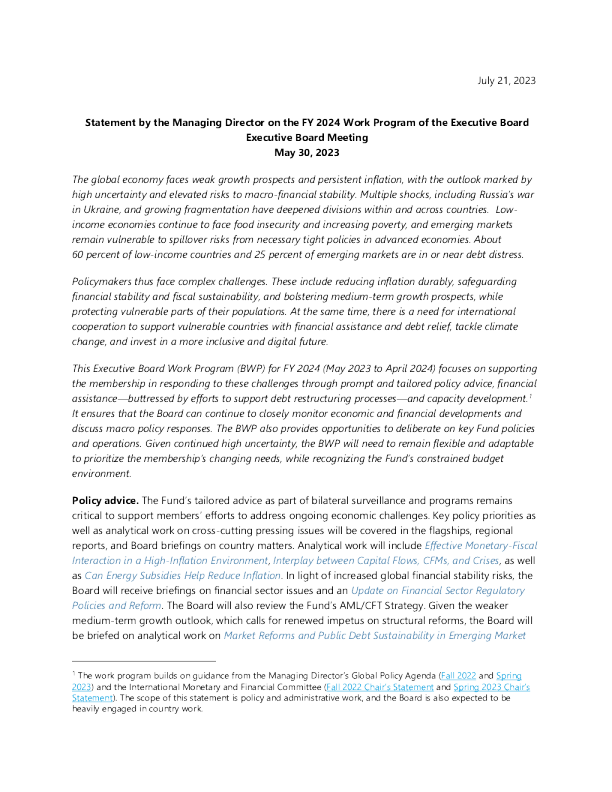 董事总经理关于执行董事会执行董事会 2024 财年工作计划的声明 2023 年 5 月 30 日